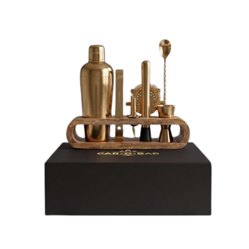 10pc Gold Bartender Kit with Wooden Stand