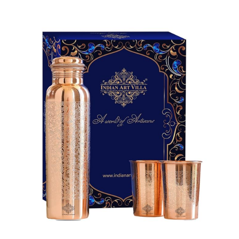 Indian Art Villa Copper Drinkware Set (Bottle + 2 Glasses)