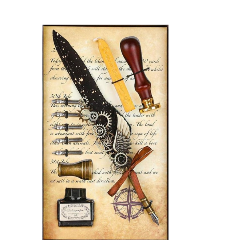 Vintage Quill Feather Pen & Ink Set (Black)