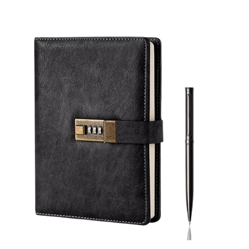 A5 Combination-Lock PU Leather Diary (Black, 240pg)