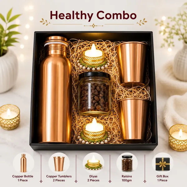 Healthy Combo - Copper Bottle, Tumblers & Raisins