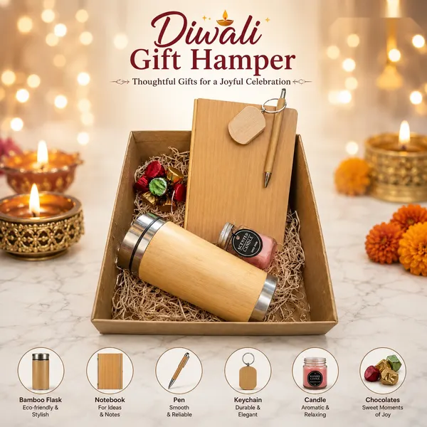 Diwali Gift Hamper - Bamboo Flask & Stationery
