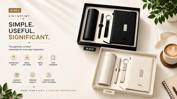 4-in-1 Gift Set - Coffee Mug, Flap Notebook, Pen & Keychain