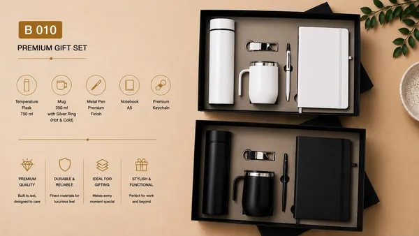 Premium 5-in-1 Gift Set - Flask, Handle Mug, Notebook, Pen & Keychain