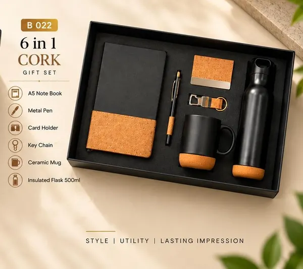 6-in-1 Cork Gift Set - Flask, Ceramic Mug, Notebook & Card Holder