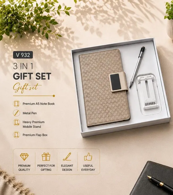 3-in-1 Gift Set - A5 Notebook, Pen & Heavy Mobile Stand