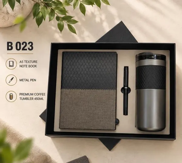 Premium Gift Set - A5 Texture Notebook, Pen & 450 ml Coffee Tumbler