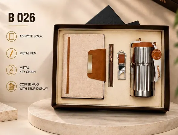 Premium 4-in-1 Gift Set - Notebook, Pen, Keychain & Temp-Display Mug