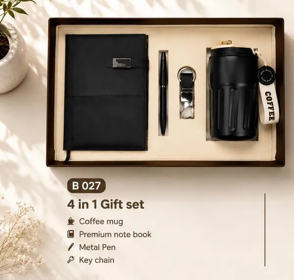 4-in-1 Gift Set - Black Notebook, Pen, Keychain & Coffee Mug