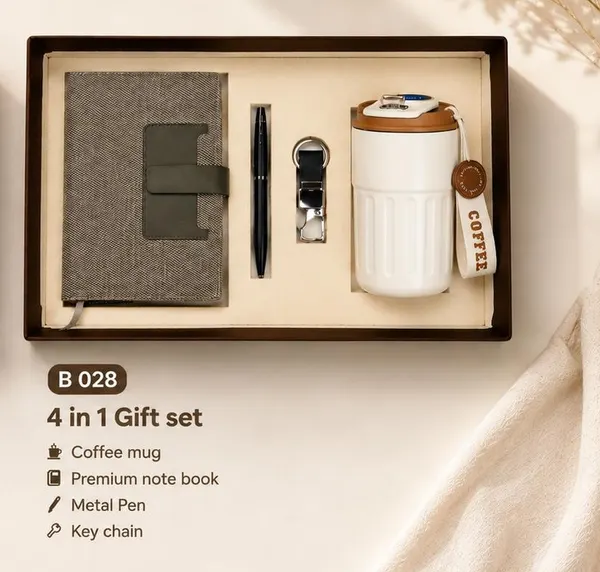 4-in-1 Gift Set - Fabric Notebook, Pen, Keychain & Coffee Mug