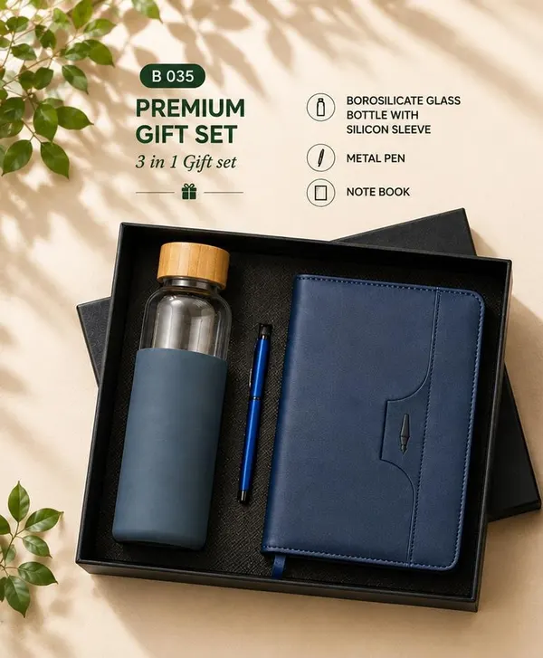 Premium 3-in-1 Gift Set - Glass Bottle with Silicone Sleeve & Notebook