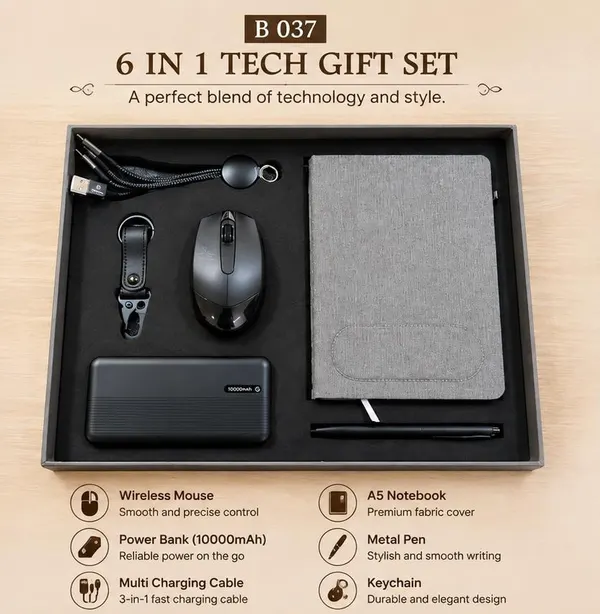 6-in-1 Tech Gift Set - Power Bank, Wireless Mouse & A5 Notebook