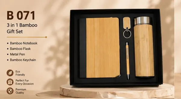 3-in-1 Bamboo Gift Set - Notebook, Flask, Pen & Keychain