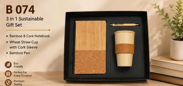 3-in-1 Sustainable Gift Set - Cork Notebook, Wheat Straw Cup & Pen