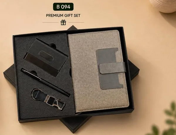 3-in-1 Premium Gift Set - Beige Notebook, Card Holder & Keychain