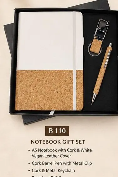 Natural Cork Notebook Gift Set - White Vegan Leather Cover