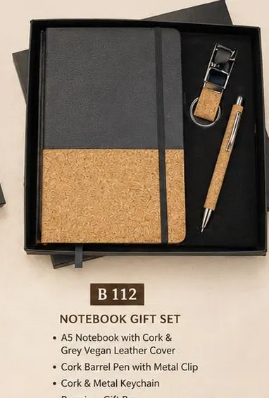 Natural Cork Notebook Gift Set - Grey Vegan Leather Cover