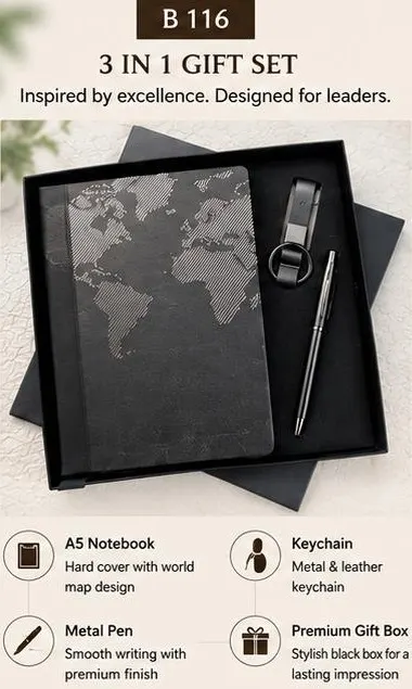 3-in-1 Gift Set - World Map Notebook, Pen & Keychain