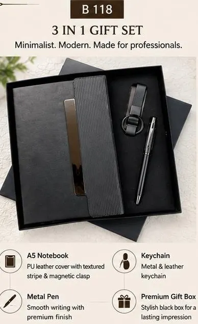 3-in-1 Gift Set - Textured Stripe Notebook, Pen & Keychain