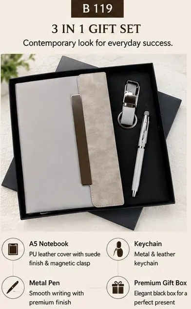 3-in-1 Gift Set - Suede Finish Notebook, Pen & Keychain