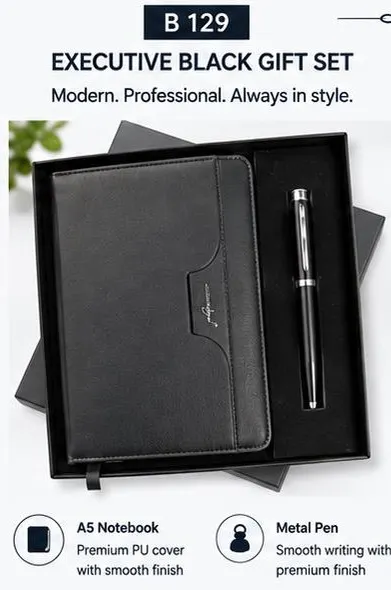 2-in-1 Executive Black Gift Set - Flap Notebook & Pen