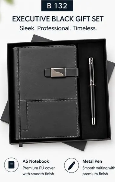 2-in-1 Executive Black Gift Set - Clip Notebook & Pen