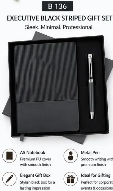 2-in-1 Executive Black Striped Gift Set - Notebook & Pen