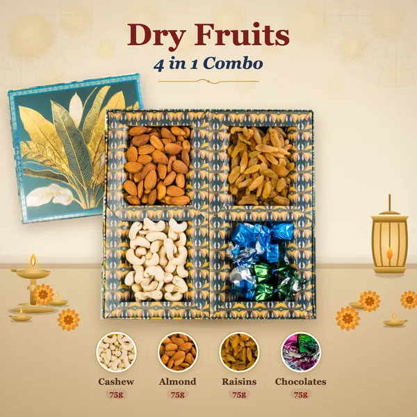Dry Fruits 4-in-1 Combo Box (75g each) - Teal Palm-Leaf Lid