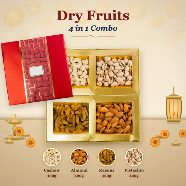 Dry Fruits 4-in-1 Combo Box (100g each) - Red Woven Lid