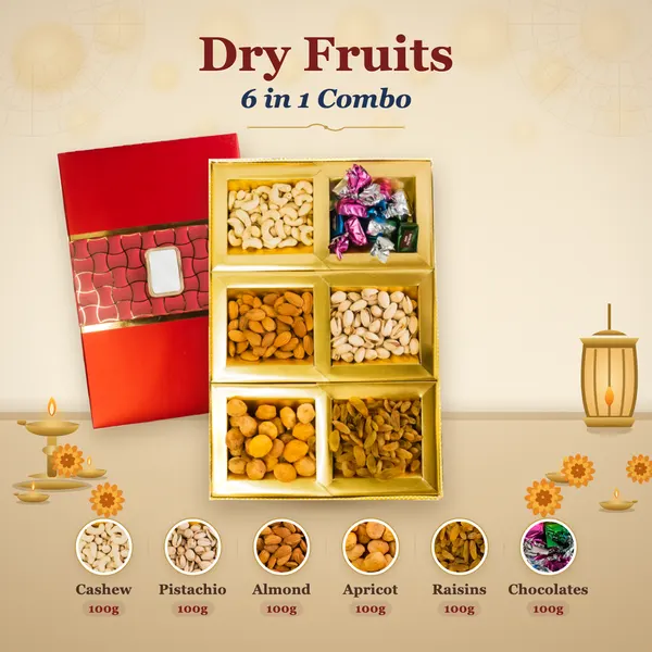 Dry Fruits 6-in-1 Combo Box (100g each) - Red Lid, Gold Tag
