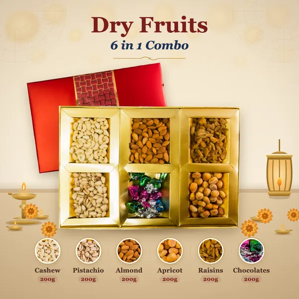 Dry Fruits 6-in-1 Combo Box (100g each) - Red Lid, Gold Tag