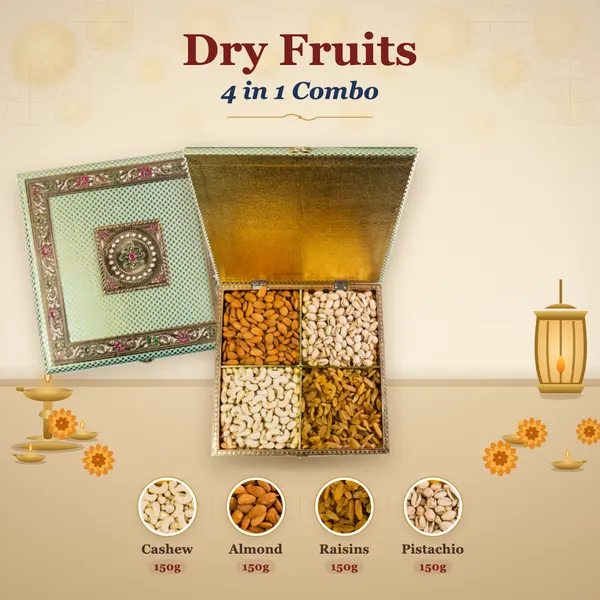 Dry Fruits 4-in-1 Combo Box (150g each) - Engraved Wooden Chest