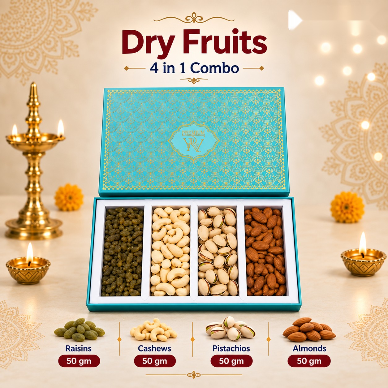 Dry Fruits 4-in-1 Combo Box (50g each) - Diwali corporate gift box