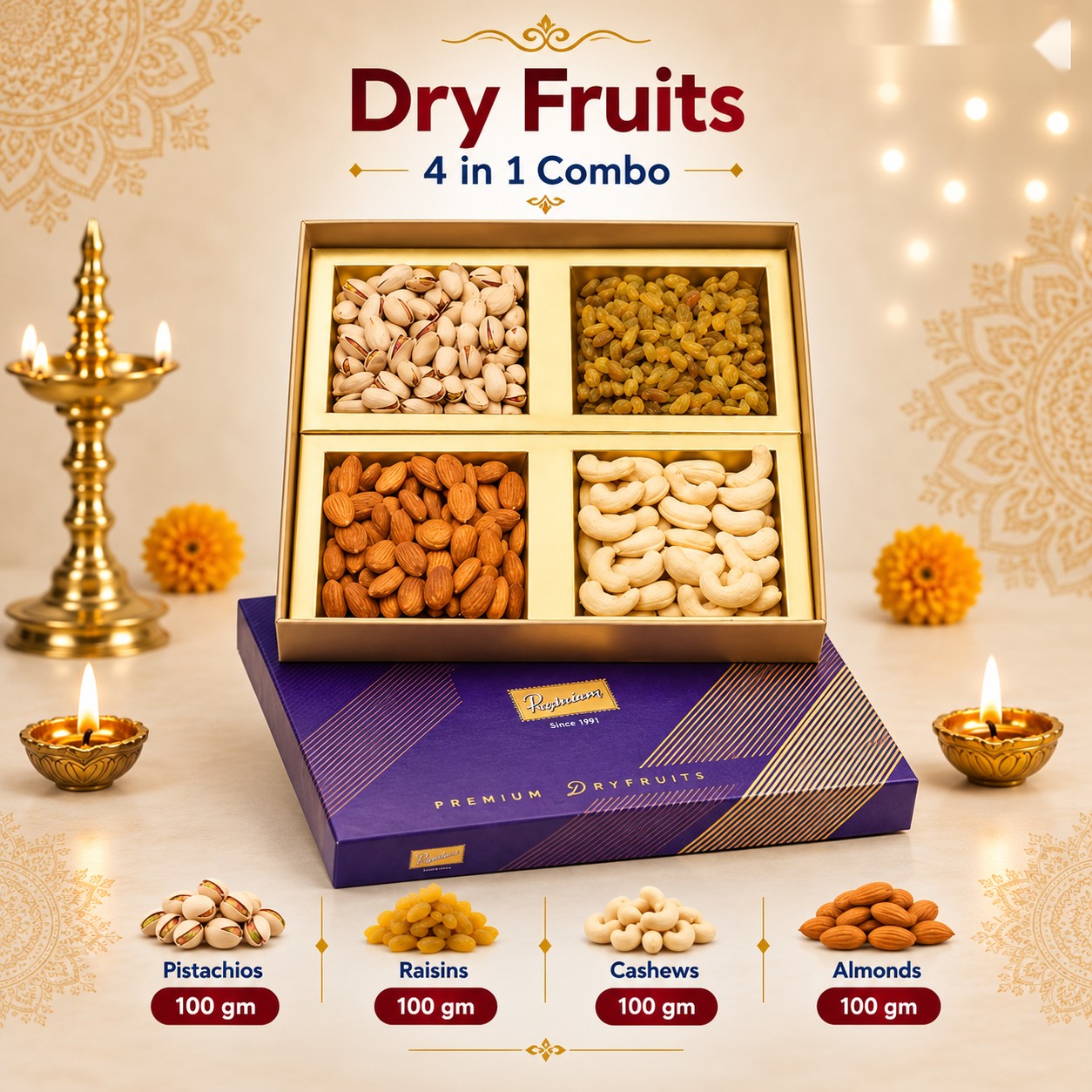 Dry Fruits 4-in-1 Combo Box (100g each) - Diwali corporate gift box