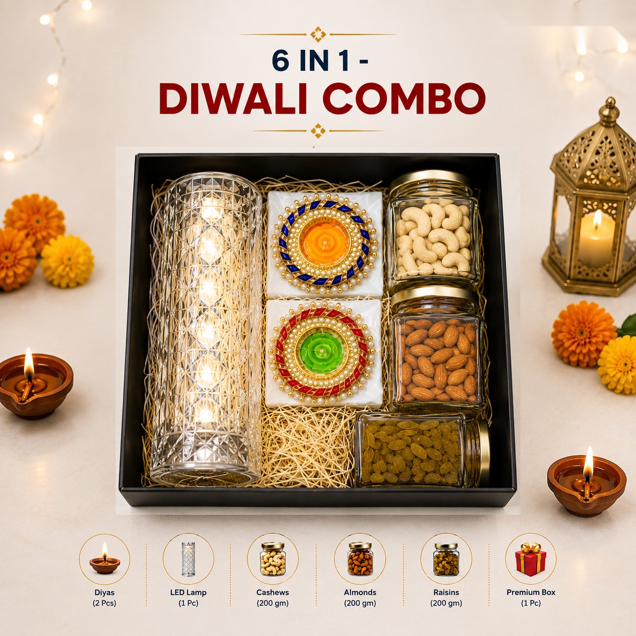 6-in-1 Diwali Combo with Dry Fruits & LED Lamp - corporate Diwali gift hamper by MintBox