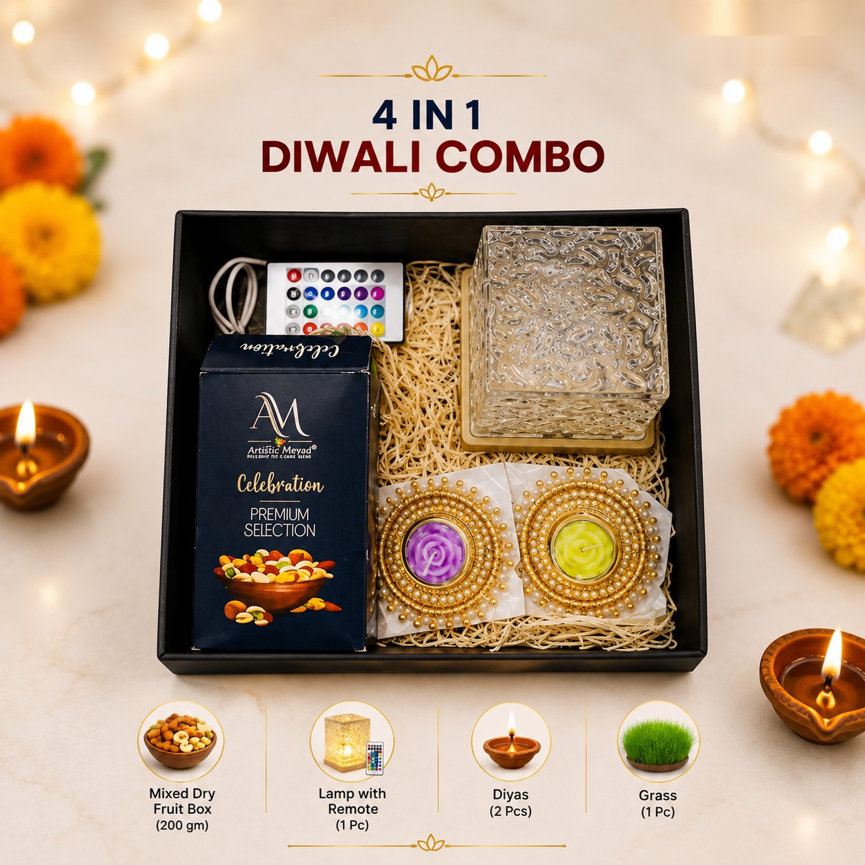 4-in-1 Diwali Combo with Remote Lamp - Diwali corporate gift box