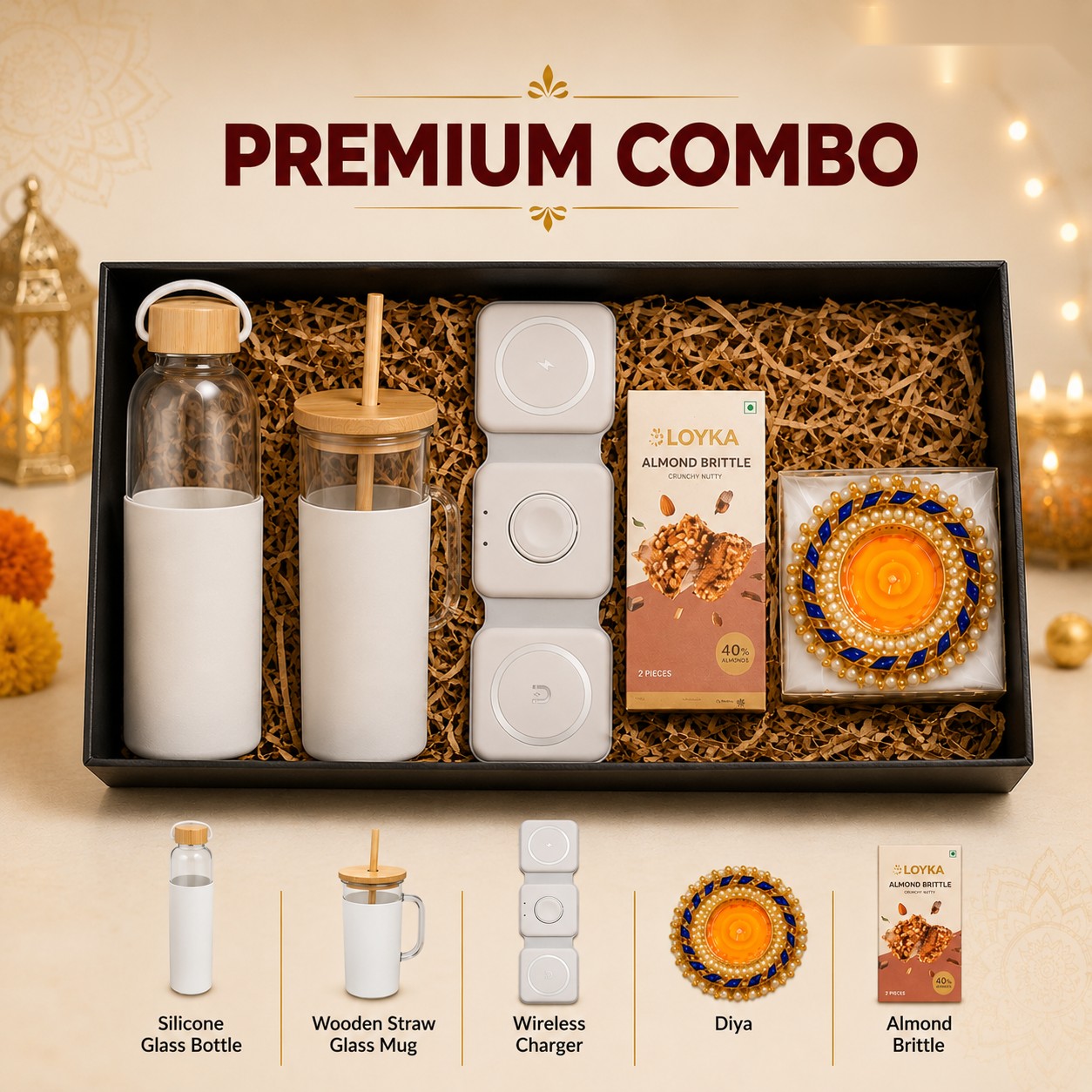 Premium Combo - Glass Bottle, Straw Mug & Wireless Charger - Diwali corporate gift box