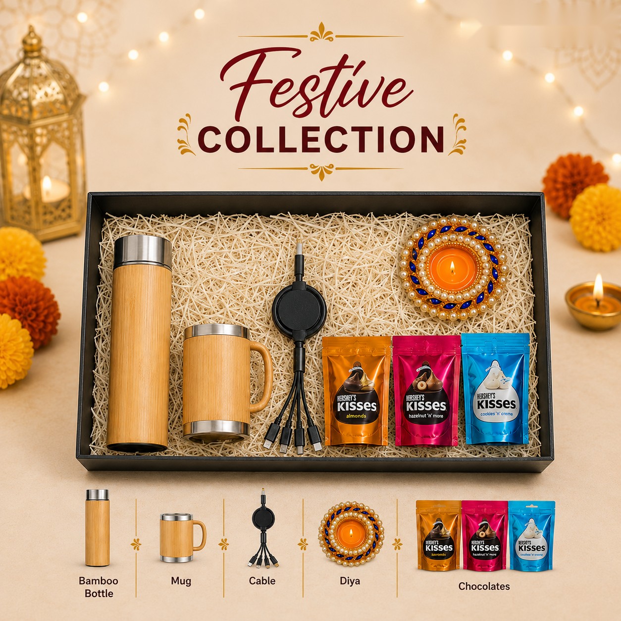 Festive Collection - Bamboo Bottle & Chocolates - corporate Diwali gift hamper by MintBox