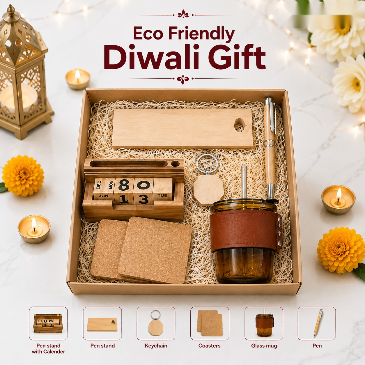 Eco Friendly Diwali Gift - Wooden Desk Set - Diwali corporate gift box