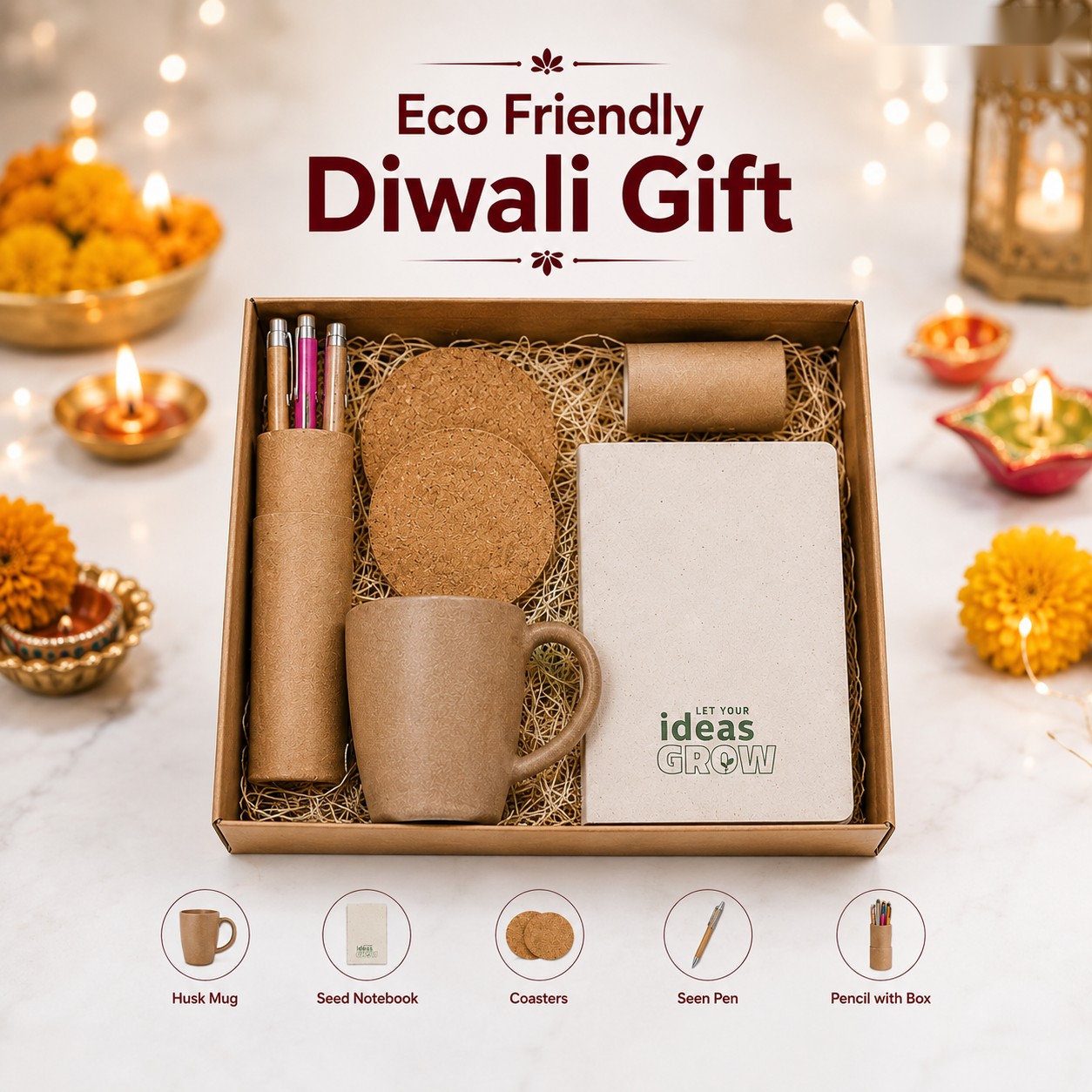 Eco Friendly Diwali Gift - Husk Mug & Seed Stationery - Diwali corporate gift box