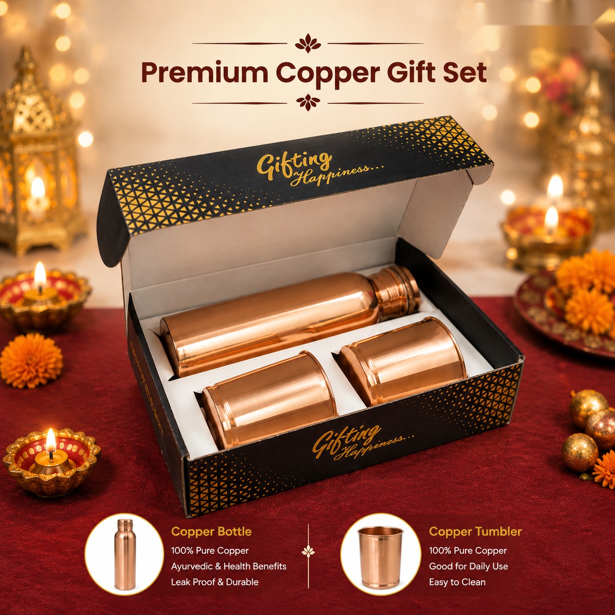 Premium Copper Gift Set - Bottle & 2 Tumblers - Diwali corporate gift box