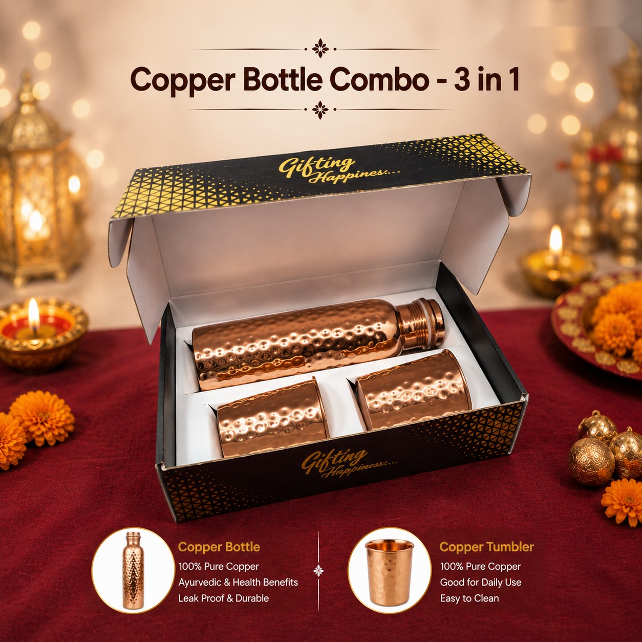 Copper Bottle Combo 3-in-1 (Hammered Finish) - Diwali corporate gift box