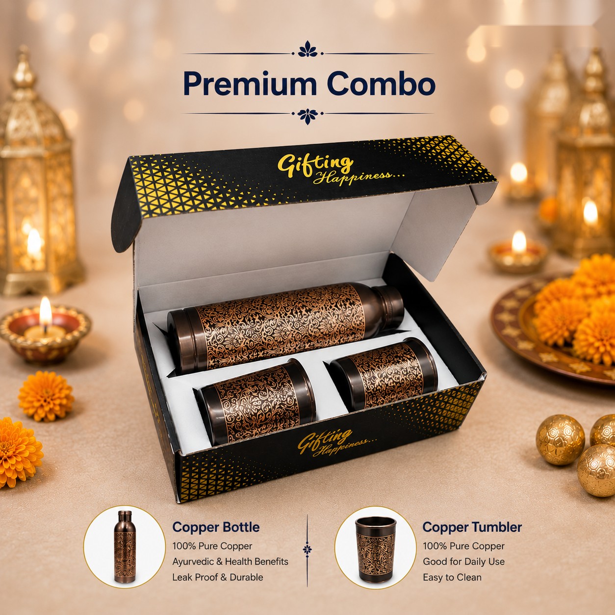 Premium Combo - Engraved Copper Bottle & 2 Tumblers - Diwali corporate gift box