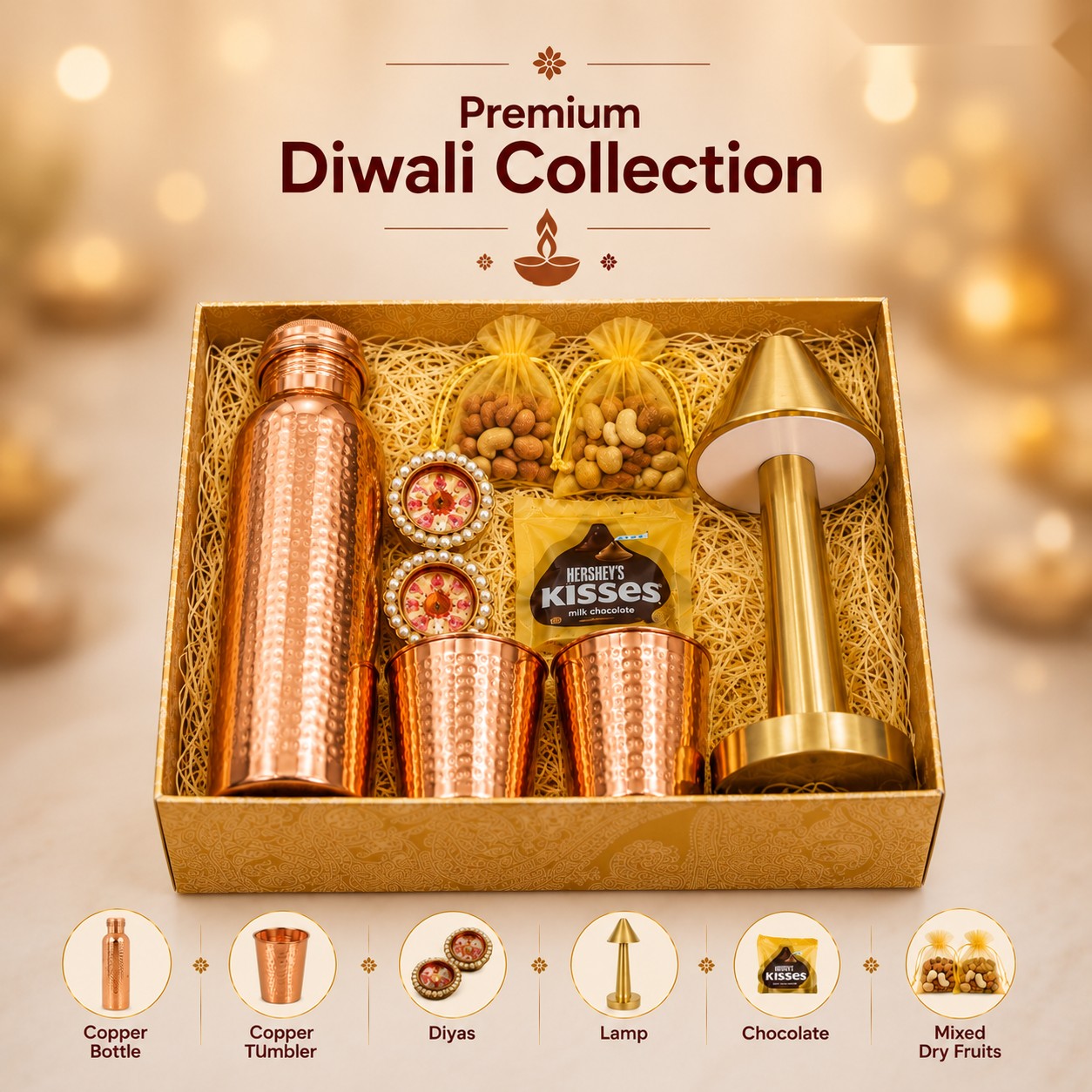 Premium Diwali Collection - Copper Bottle, Tumbler, Lamp & Dry Fruits - corporate Diwali gift hamper by MintBox