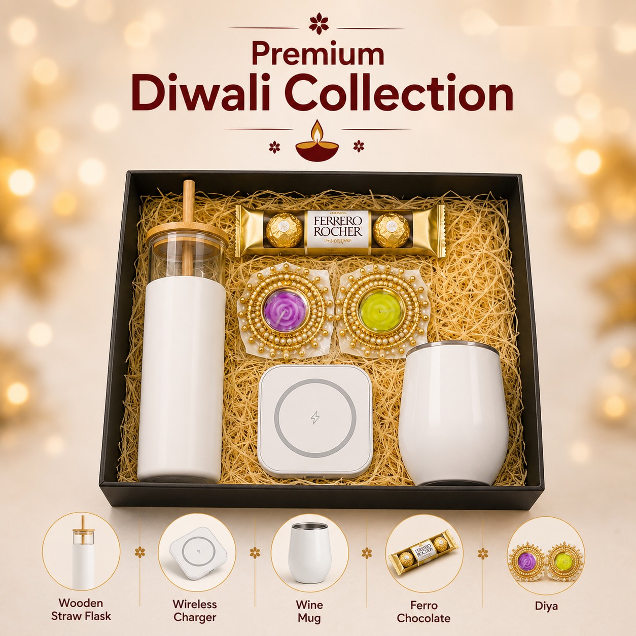 Premium Diwali Collection - Straw Flask, Wireless Charger & Ferrero - Diwali corporate gift box