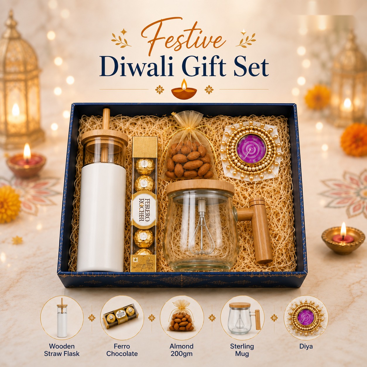 Festive Diwali Gift Set - Straw Flask, Almonds & Ferrero - Diwali corporate gift box
