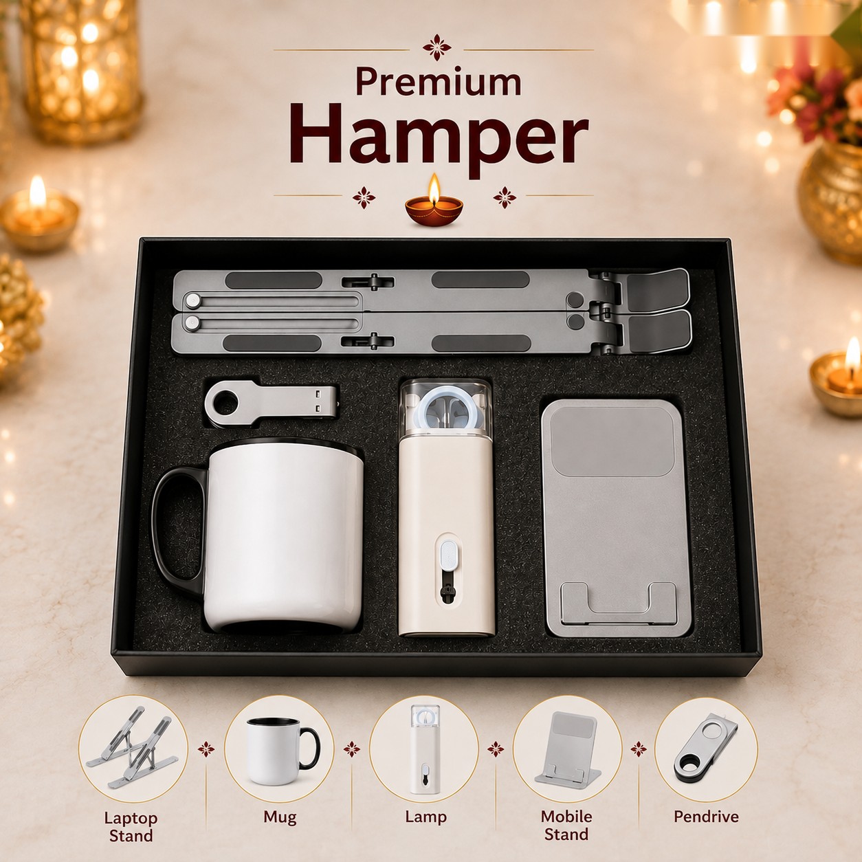 Premium Tech Hamper - Laptop Stand, Mug & Lamp - Diwali corporate gift box