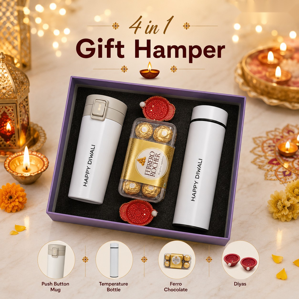4-in-1 Gift Hamper - Temperature Bottle & Ferrero - Diwali corporate gift box