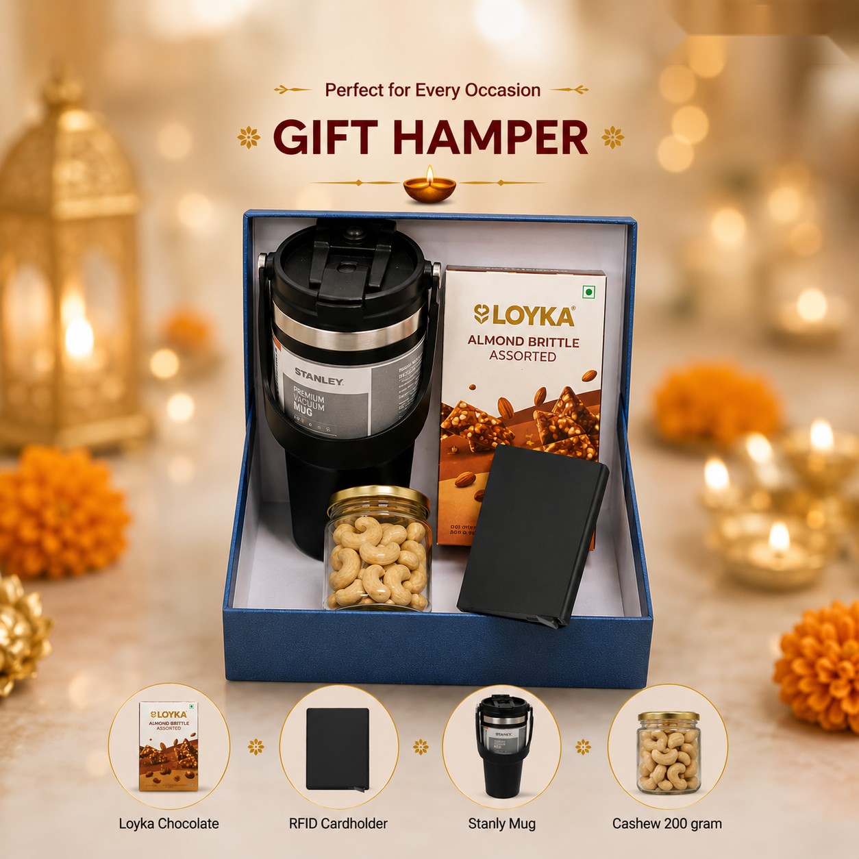Gift Hamper - Tumbler, RFID Cardholder & Cashews - Diwali corporate gift box
