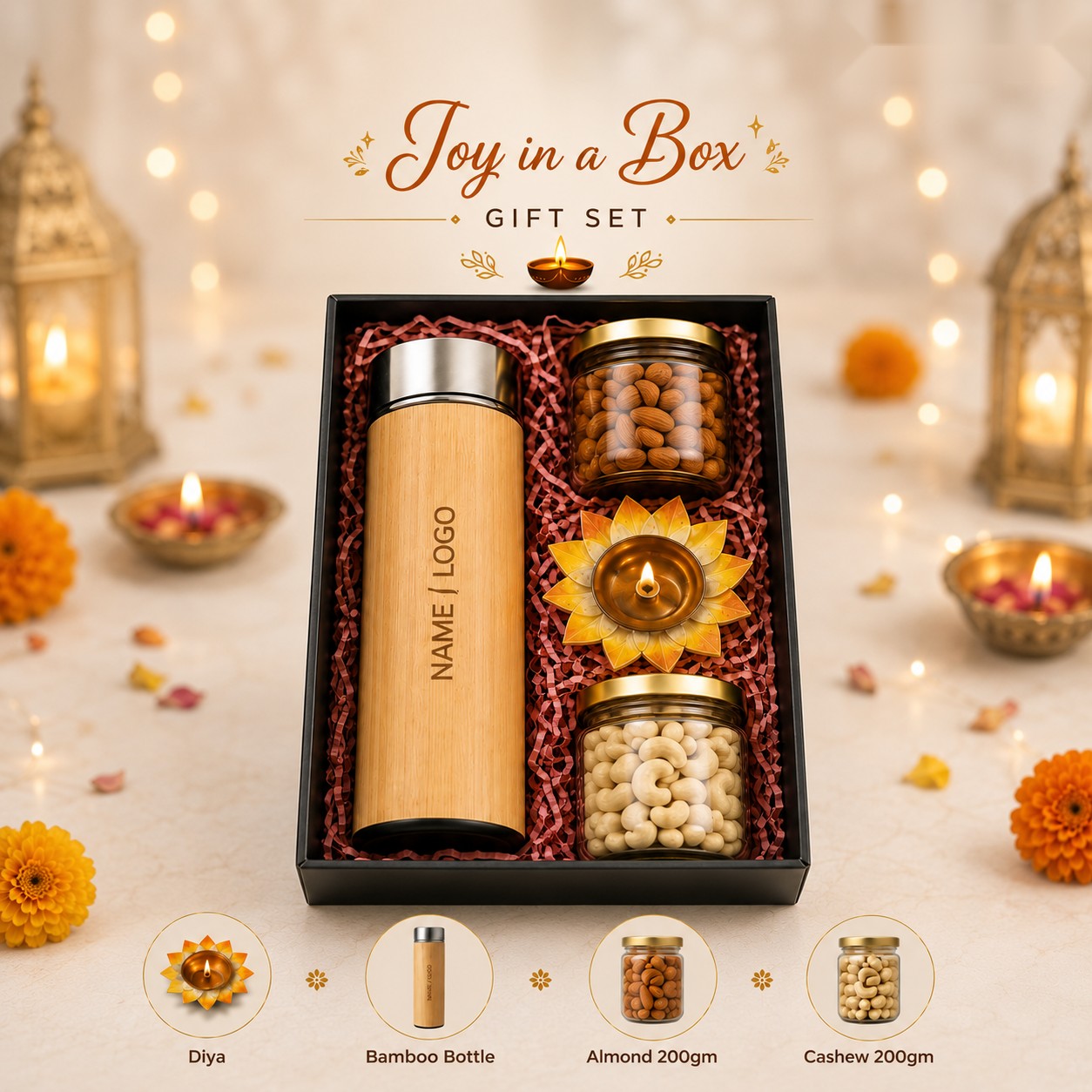 Joy in a Box Gift Set - Bamboo Bottle & Dry Fruits - Diwali corporate gift box